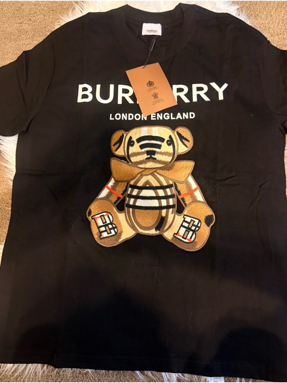 Burberry Black Tee with Embroidered Plaid Teddy Motif - Picture 4 of 6